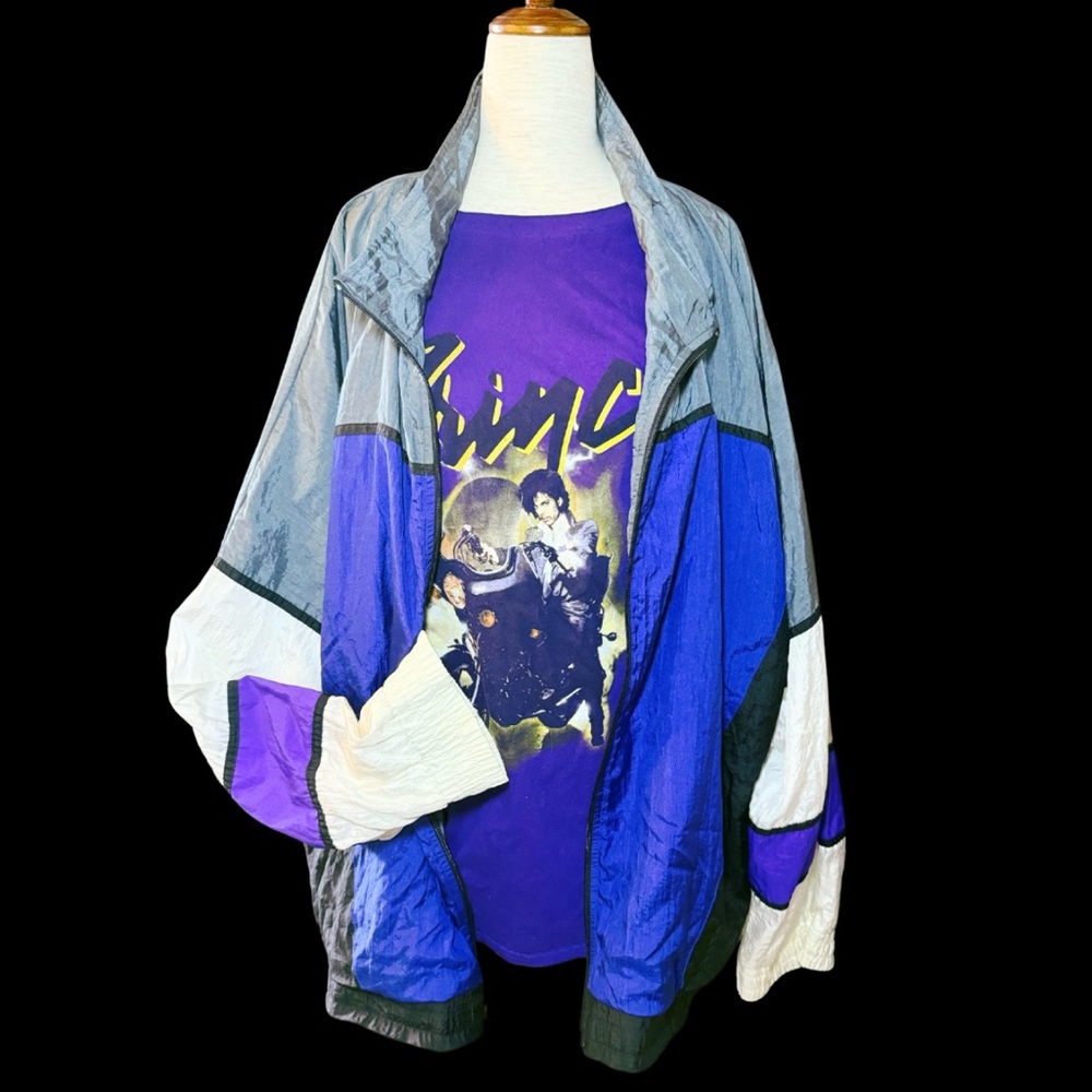 80s Men's Retro Colorful Purple and‎ Gray Windbreaker Sz 2X